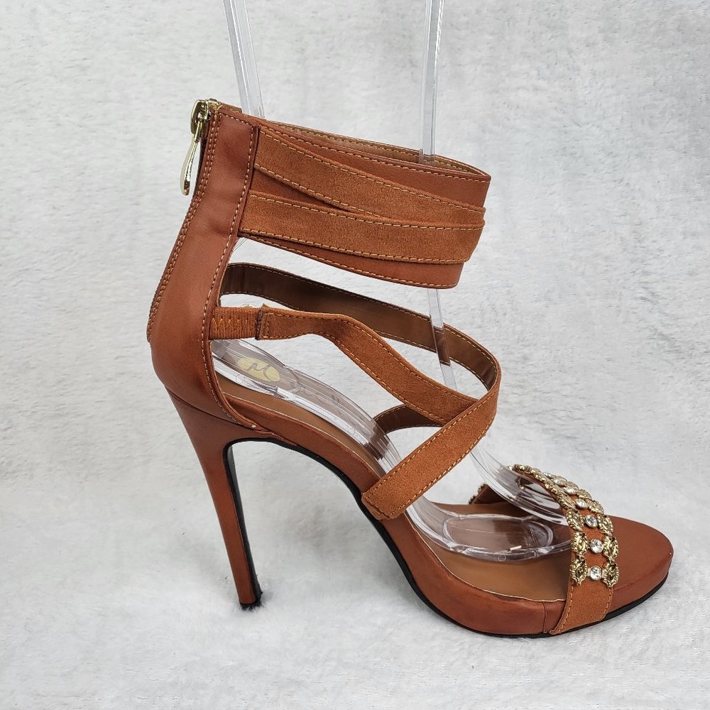 **LAST ONE LEFT*** Cross Strap 4.5" Stiletto Heel Shoes Camel Tan - Picture 2 of 7